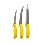 Set 3 Cutite profesionale pentru macelarie, dezosat, filetat, injunghiat, otel inoxidabil, maner plastic ABS Galben