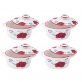 Set 4 Boluri ceramice cu capac pentru supa, Red Rose, 600 ml, Alb/Rosu