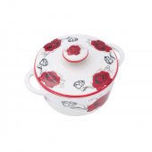 Set 4 Boluri ceramice cu capac pentru supa, Red Rose, 600 ml, Alb/Rosu