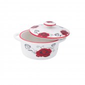 Set 4 Boluri ceramice cu capac pentru supa, Red Rose, 600 ml, Alb/Rosu