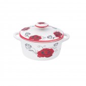Set 4 Boluri ceramice cu capac pentru supa, Red Rose, 600 ml, Alb/Rosu