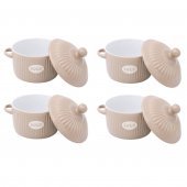 Set 4 Boluri ceramice cu manere si capac pentru supa, Crem, 600 ml