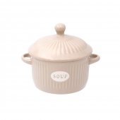 Set 4 Boluri ceramice cu manere si capac pentru supa, Crem, 600 ml