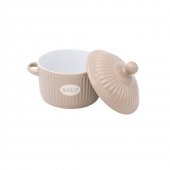 Set 4 Boluri ceramice cu manere si capac pentru supa, Crem, 600 ml