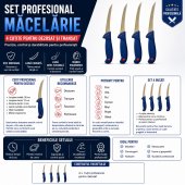 Set 4 Cutite profesionale pentru macelarie, lama curbata , pentru dezosat, 28 cm, Albastru