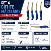 Set 4 Cutite profesionale pentru macelarie, lama curbata , pentru dezosat, 28 cm, Albastru