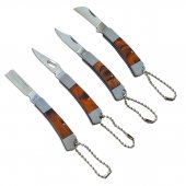 Set 4 mini bricege tip breloc, otel, manere insertii lemn, Maro, 9 cm