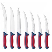 Set 7 Cutite Profesionale pentru Macelarie si Procesare Carne, Dezosare, Filetare, Transare, Portionare si Injunghiat, Otel Inoxidabil, Manere Ergonomice Antiderapante Rosu-Gri