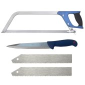 Set Fierastrau profesional macelarie pentru taiat oase + 2 panze rezerva + Cutit Sacrificat, lama dublu tais, Otel Inoxidabil
