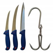 Set profesional macelar, 3 Cutite dezosat, filetat, injunghiat, otel inoxidabil si Carlig dublu, pivotant, inox, 32 cm