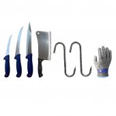 Set profesional macelar 7 piese, Cutite dezosat, filetat, injunghiat, Satar 800 g, Manusa anti taiere XL si Carlige Ø10 mm