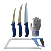 Set Profesional macelar format din 3 cutite dezosat, filetat, injunghiat, Fierastrau oase si Manusa anti taiere, marime XL