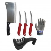Set Profesional macelar format din 3 Cutite pentru dezosat Rosu, Satar, Manusa anti taiere XL, si Ascutitor manual