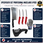 Set Profesional macelar format din 3 Cutite pentru dezosat Rosu, Satar, Manusa anti taiere XL, si Ascutitor manual