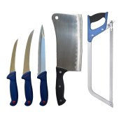 Set Profesional macelar format din Satar 800 g, 3 Cutite macelarie, dezosat, filetat, injunghiat si Fierastrau pentru oase