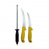 Set profesional macelar Gold-WA 3 piese, cutit filetat, dezosat, lama curbata 1/2Flex cu alveole si masat rotund