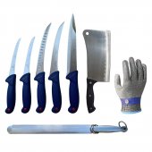 Set profesional macelarie Butcher Elitte 8 Piese, cutite dezosat, filetat, sacrificat, Satar, Pila si Manusa anti taiere XL