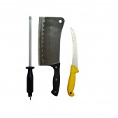 Set profesional macelarie format din Satar 800g, Cutit filetat lama 20 cm cu alveole si masat