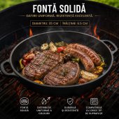 Tigaie din Fonta 35 cm, cu 2 Manere, 6.5 cm Inaltime, Volum 5 L, pentru Aragaz, Cuptor si Gratar