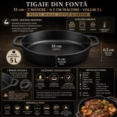 Tigaie din Fonta 35 cm, cu 2 Manere, 6.5 cm Inaltime, Volum 5 L, pentru Aragaz, Cuptor si Gratar